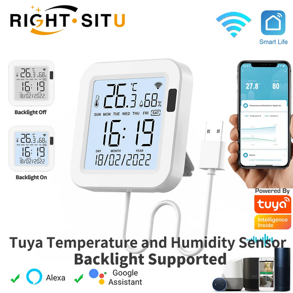 Tuya Smart Temperature & Humidity Sensor with Backlight – WiFi SmartLife Device, Works with Alexa & Google Assistant