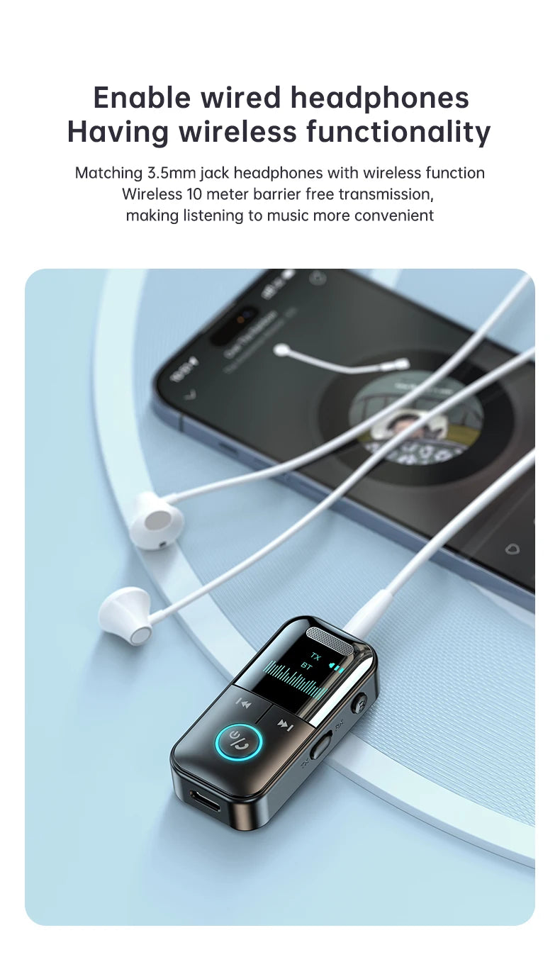 Bluetooth 5.4 AUX Adapter – 3.5mm Receiver & Transmitter with LED Display for Car, TV, Headphones
