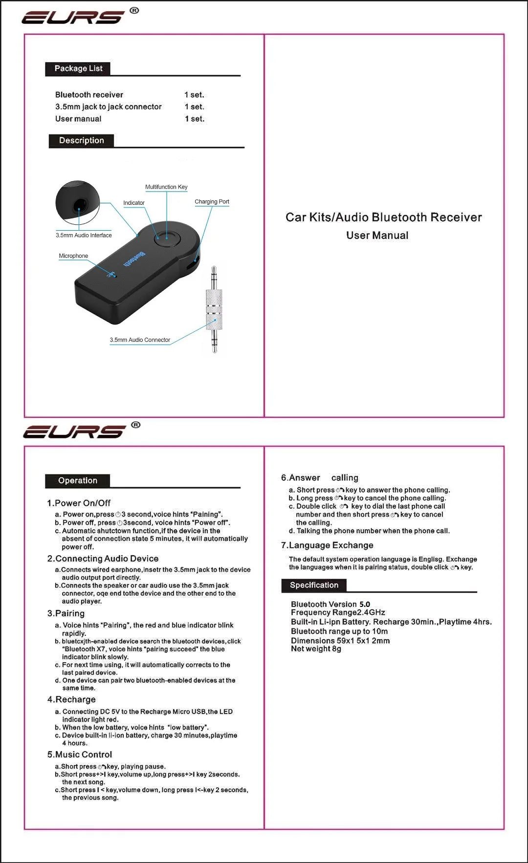 2-in-1 Wireless Bluetooth 5.0 Audio Receiver Adapter – 3.5mm AUX Jack