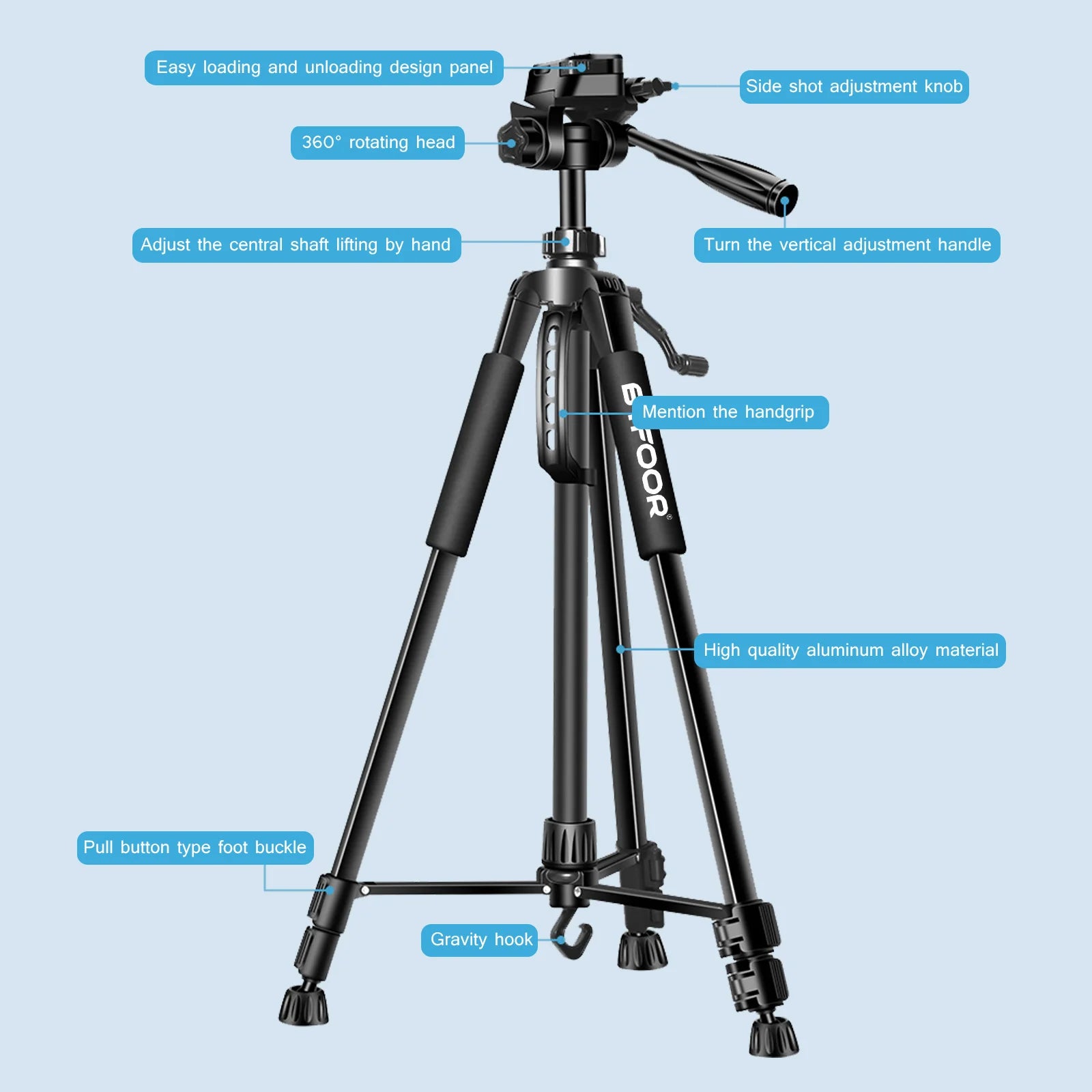 55" / 140cm Aluminum Phone & Camera Travel Tripod – Lightweight Stand with Quick Release Plate & Pan Head for Canon, Nikon, DSLR, SLR & Smartphones