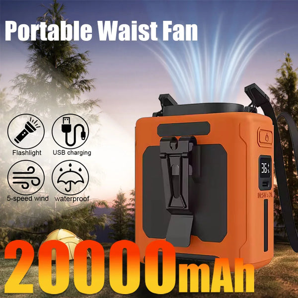 Portable Waist Clip Fan with USB Rechargeable Power Bank and LED Light
