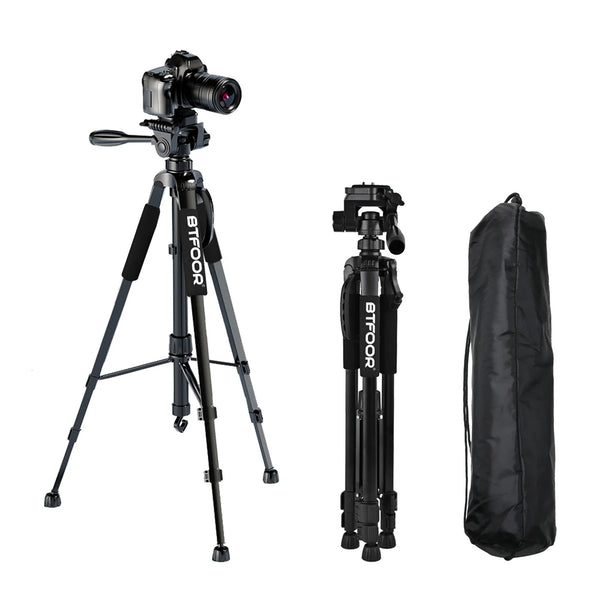 55" / 140cm Aluminum Phone & Camera Travel Tripod – Lightweight Stand with Quick Release Plate & Pan Head for Canon, Nikon, DSLR, SLR & Smartphones