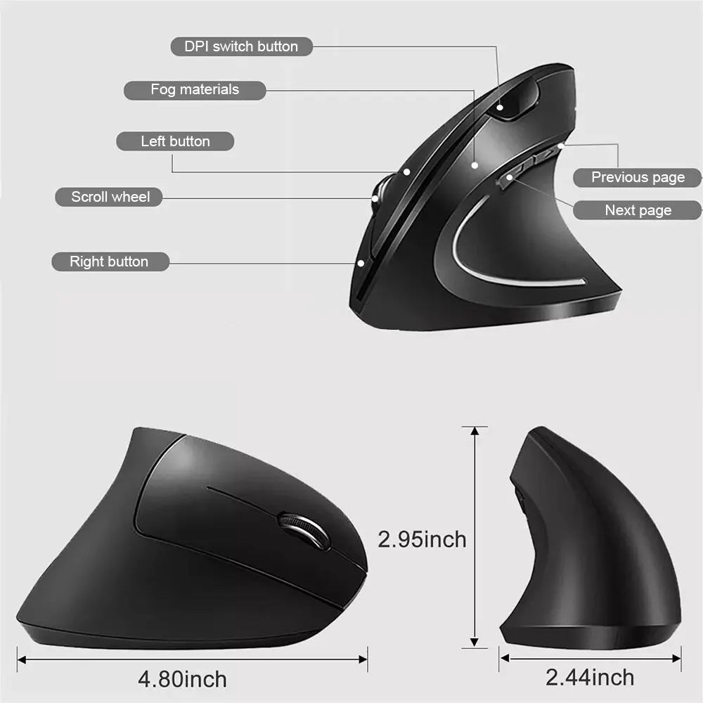 Ergonomic Vertical Wireless Mouse – 2.4GHz with 3 DPI Settings & 6 Buttons