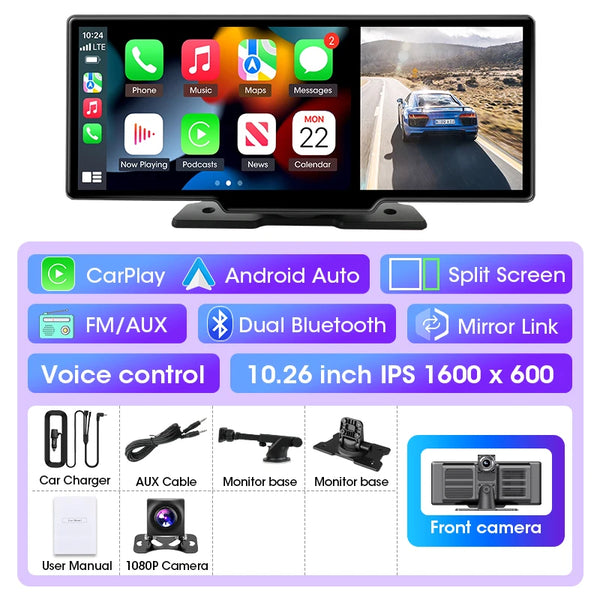 10/11.26" 4K Dash Cam with Wireless CarPlay, Android Auto & GPS
