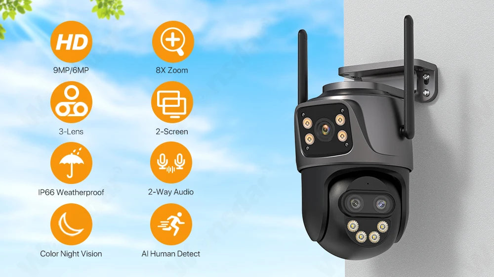 6K 9MP WiFi Outdoor PTZ Security Camera – 8x Zoom & Dual Screen