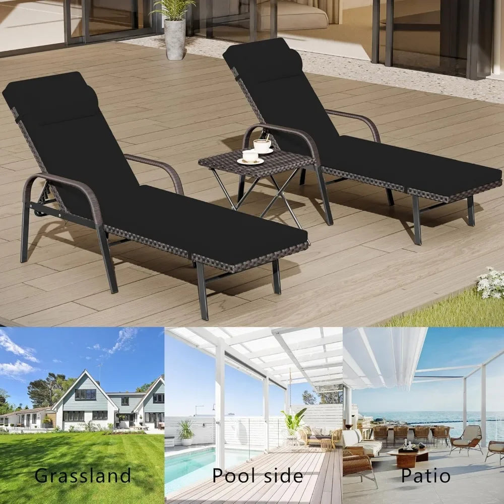 3-Piece Outdoor Patio Chaise Lounge Set with Table