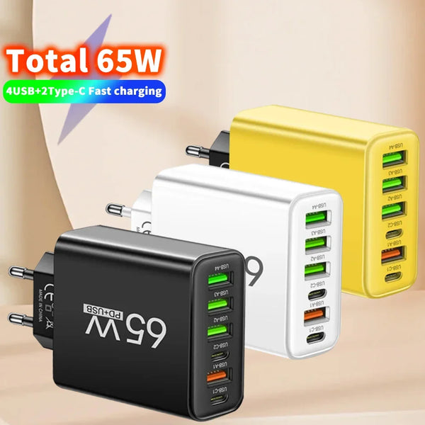 65W 6-Port USB PD Fast Charger – Type-C Wall Adapter for iPhone, Samsung & Xiaomi