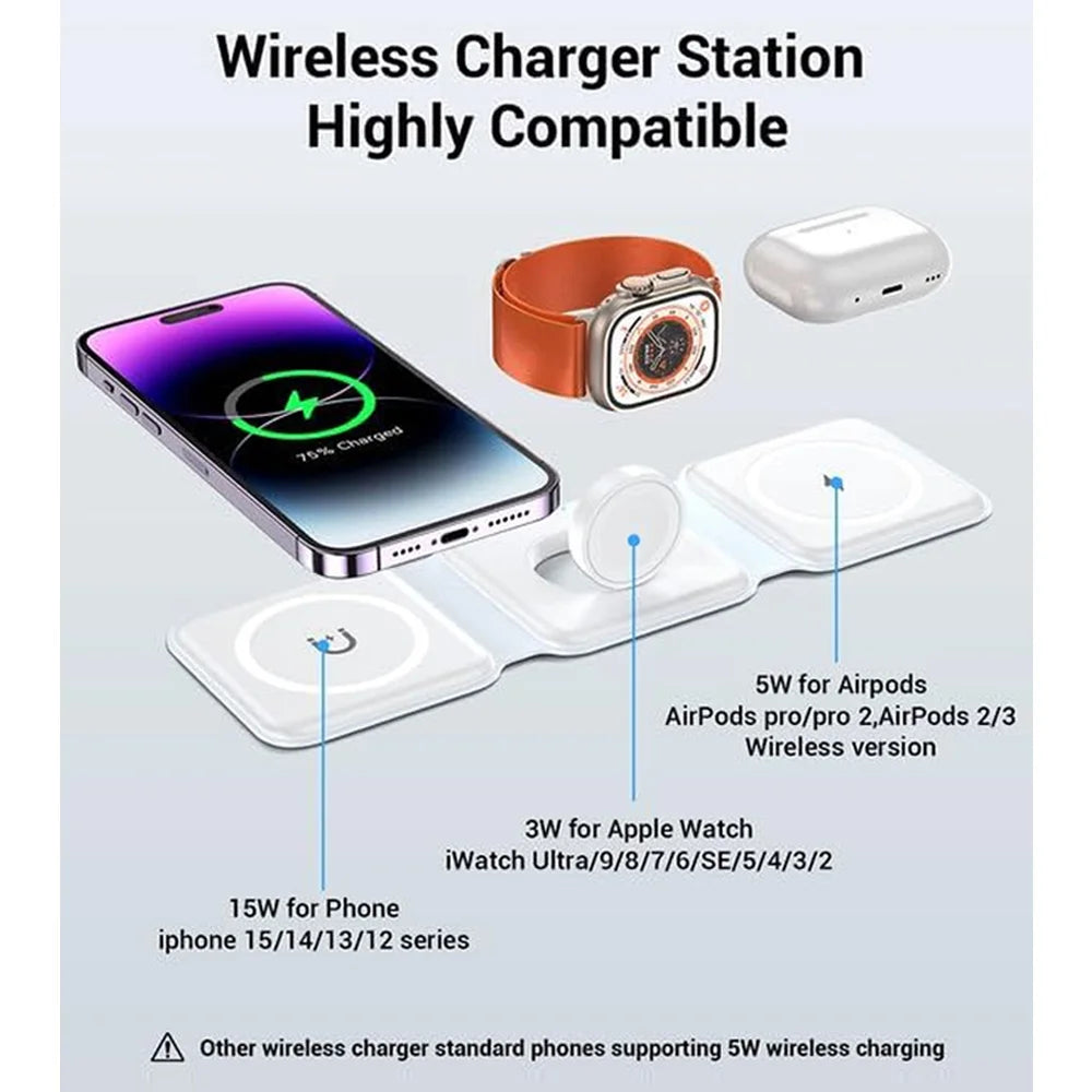 3-in-1 Foldable Magnetic Wireless Charger Stand – Fast Charging Dock for iPhone & Apple Watch