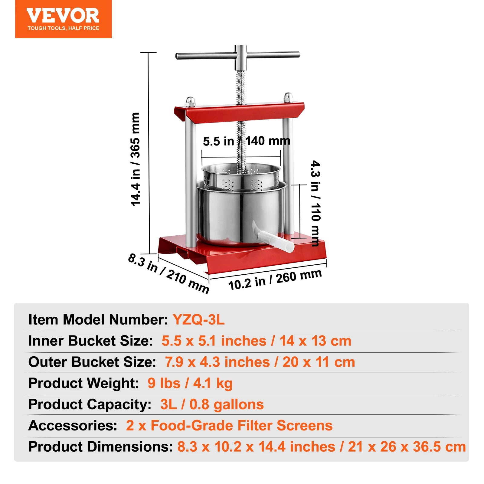VEVOR Manual Fruit Press – 2L/3L/3.36L Stainless Steel Squeezer