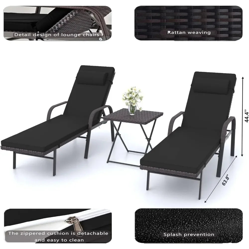 3-Piece Outdoor Patio Chaise Lounge Set with Table