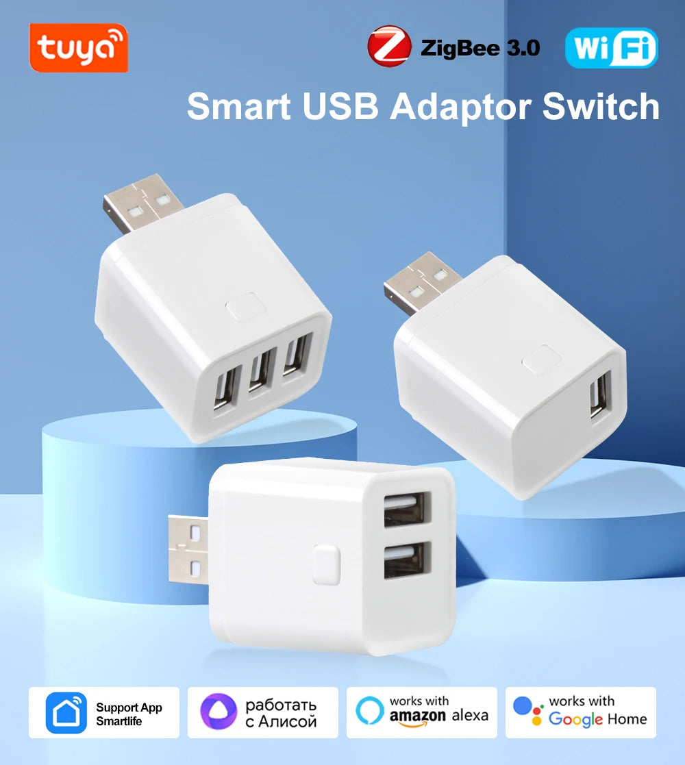 Tuya Smart USB Adaptor – WiFi/Zigbee Mini Plug with Timer & Voice Control