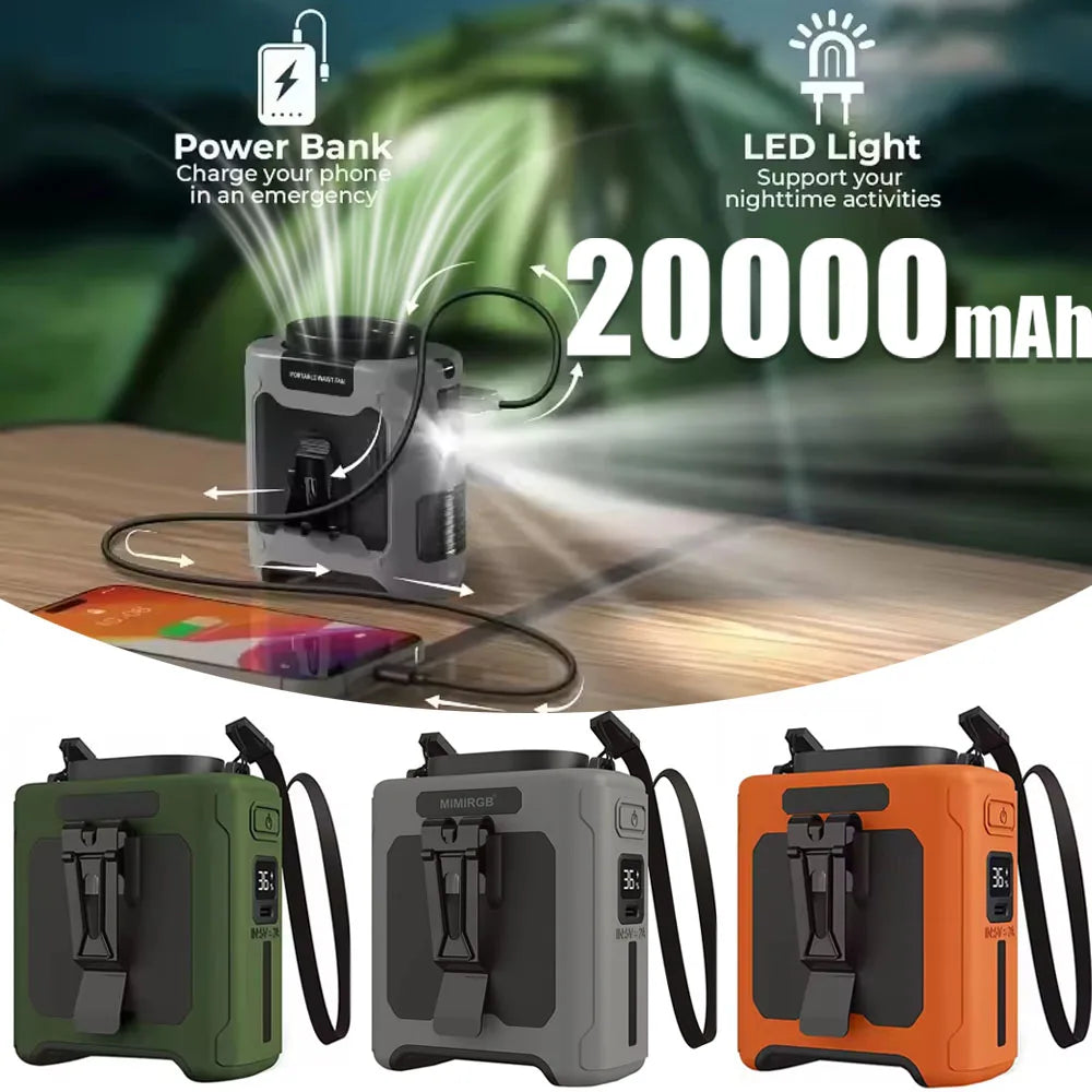 Portable Waist Clip Fan with USB Rechargeable Power Bank and LED Light