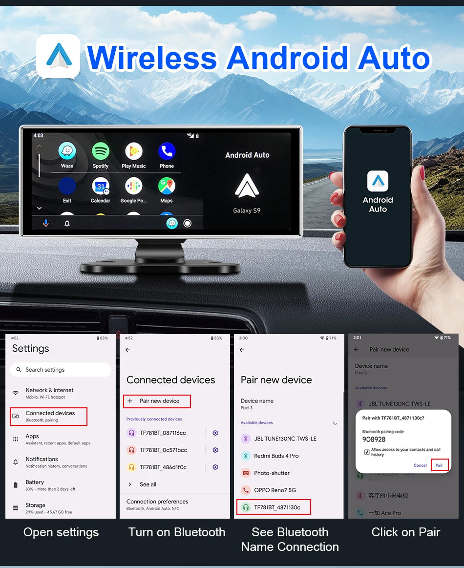 10/11.26" 4K Dash Cam with Wireless CarPlay, Android Auto & GPS