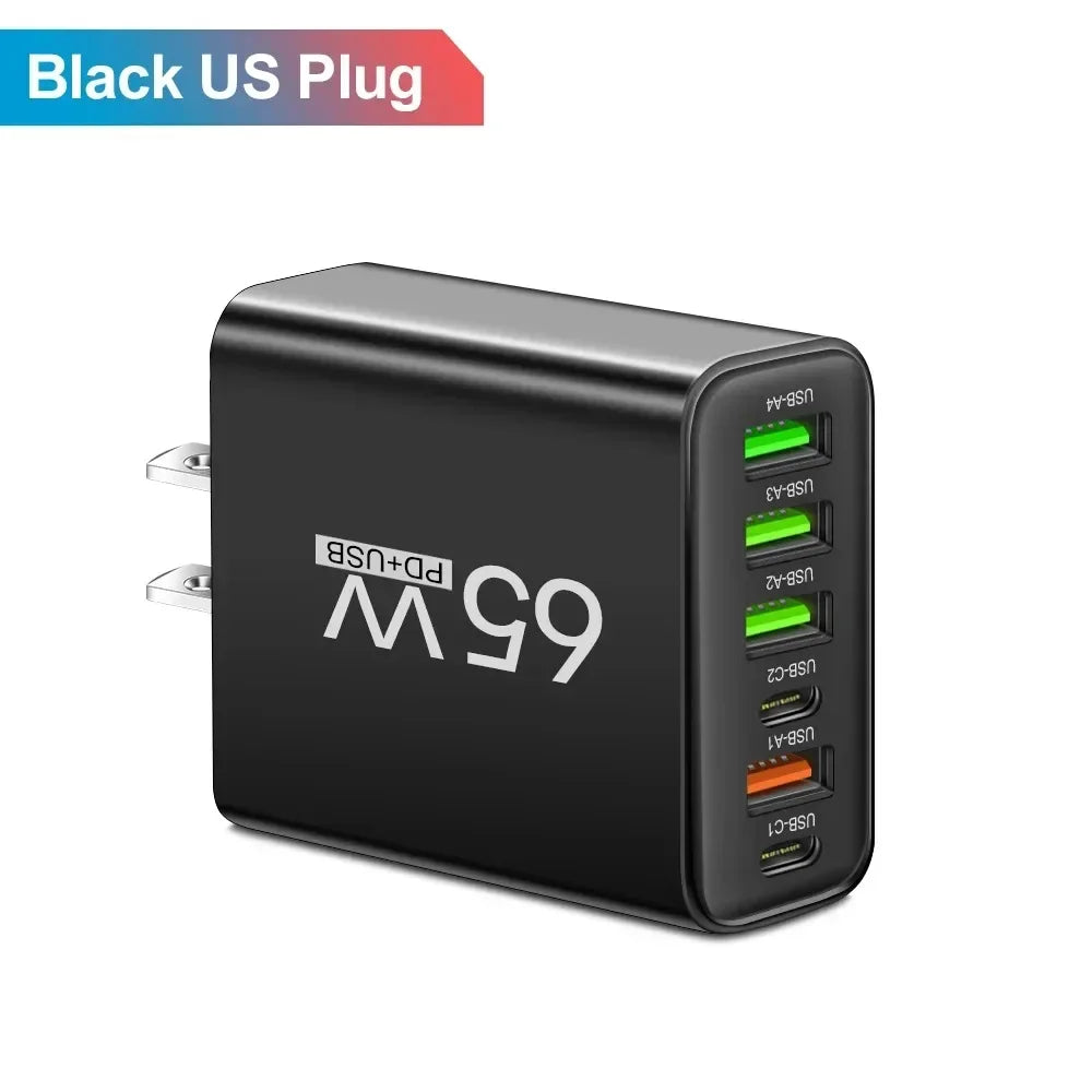 65W 6-Port USB PD Fast Charger – Type-C Wall Adapter for iPhone, Samsung & Xiaomi