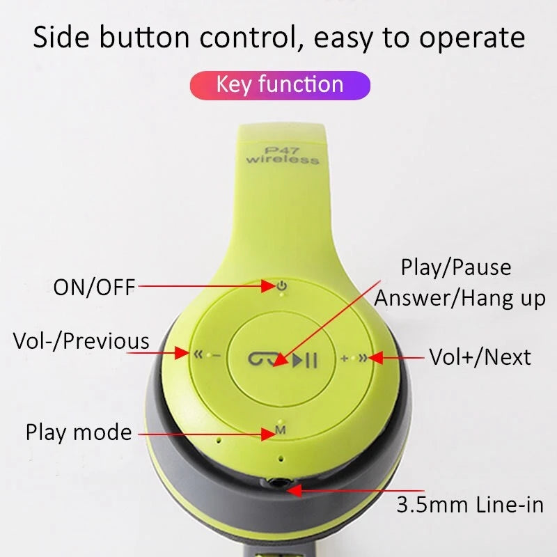 P47 Bluetooth 5.0 Wireless Headset – Folding Stereo Headphones for Sports & Gaming