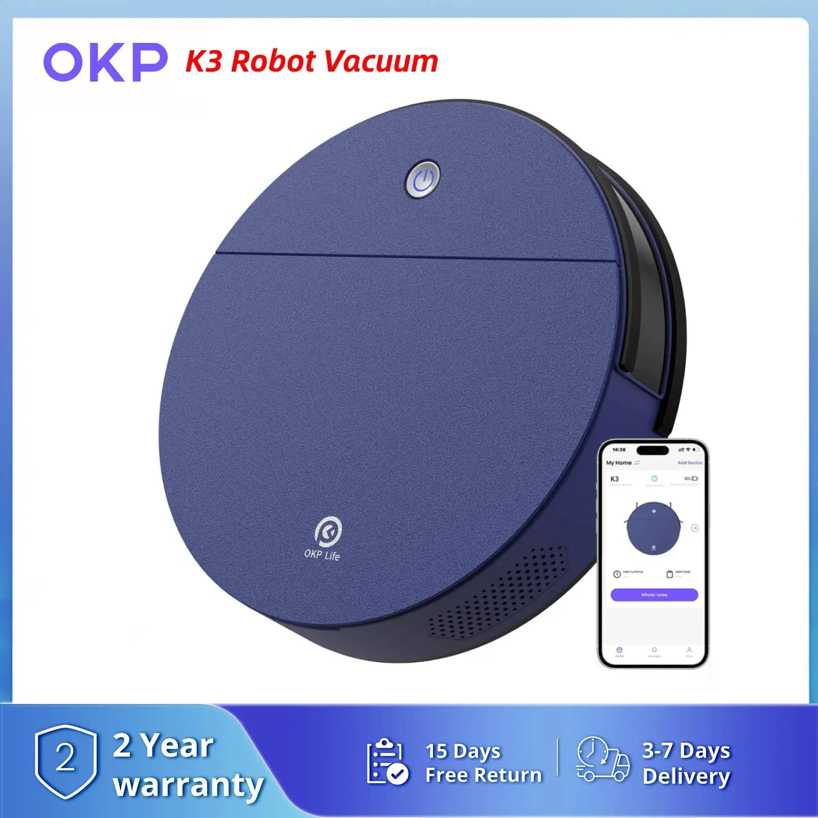 OKP K3 Robot Vacuum – 2000Pa Suction, 120-Min Runtime, 5 Modes