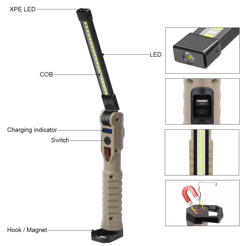 1000LM USB Rechargeable COB Work Light – Handheld Flashlight with Power Indicator