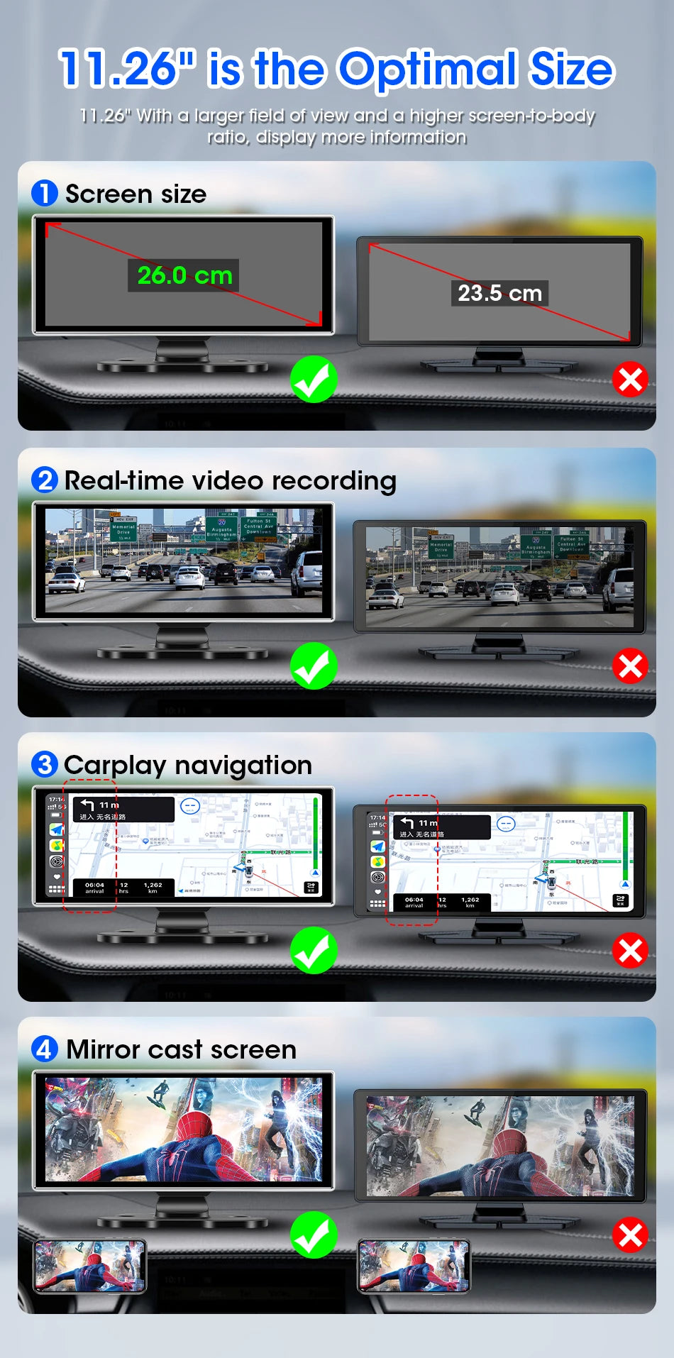 10/11.26" 4K Dash Cam with Wireless CarPlay, Android Auto & GPS
