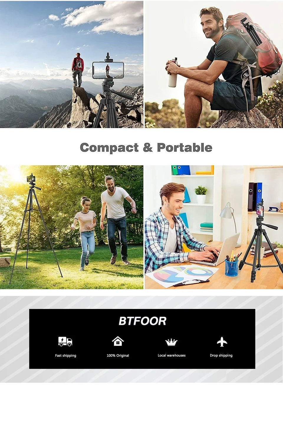 55" / 140cm Aluminum Phone & Camera Travel Tripod – Lightweight Stand with Quick Release Plate & Pan Head for Canon, Nikon, DSLR, SLR & Smartphones