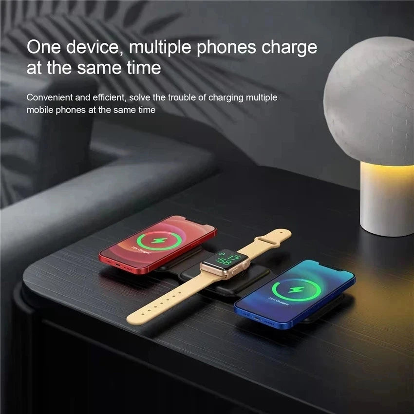 3-in-1 Foldable Magnetic Wireless Charger Stand – Fast Charging Dock for iPhone & Apple Watch