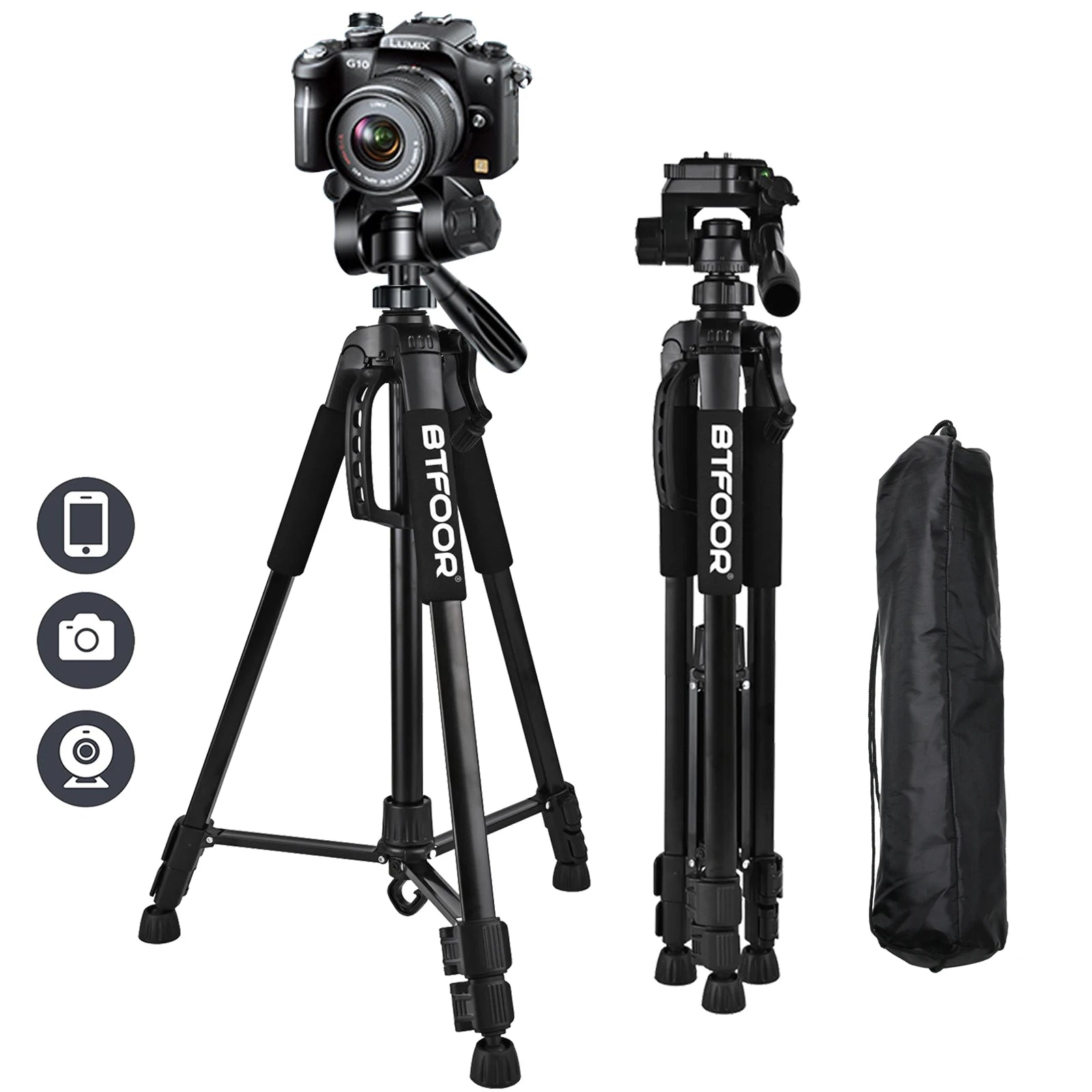 55" / 140cm Aluminum Phone & Camera Travel Tripod – Lightweight Stand with Quick Release Plate & Pan Head for Canon, Nikon, DSLR, SLR & Smartphones