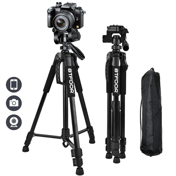 55" / 140cm Aluminum Phone & Camera Travel Tripod – Lightweight Stand with Quick Release Plate & Pan Head for Canon, Nikon, DSLR, SLR & Smartphones