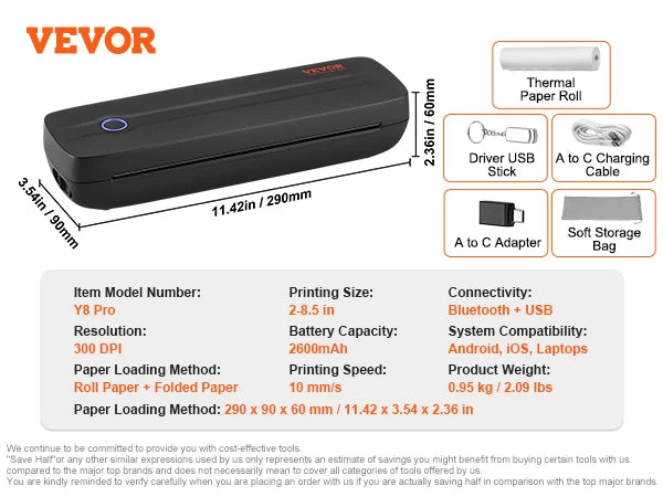 VEVOR Bluetooth Inkless A4/A5 Thermal Printer – Portable Mobile Printer