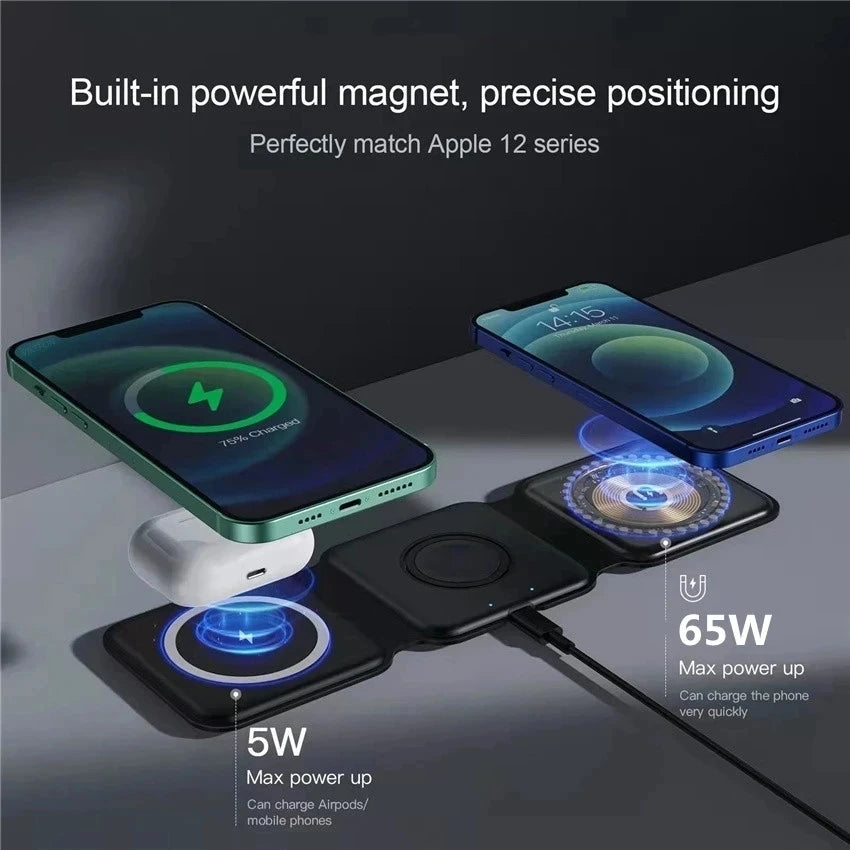 3-in-1 Foldable Magnetic Wireless Charger Stand – Fast Charging Dock for iPhone & Apple Watch