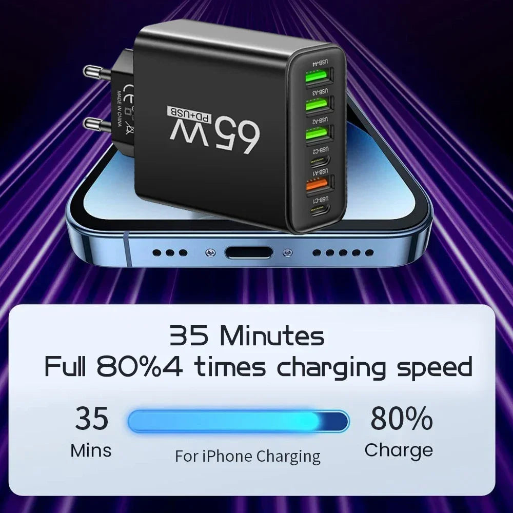 65W 6-Port USB PD Fast Charger – Type-C Wall Adapter for iPhone, Samsung & Xiaomi