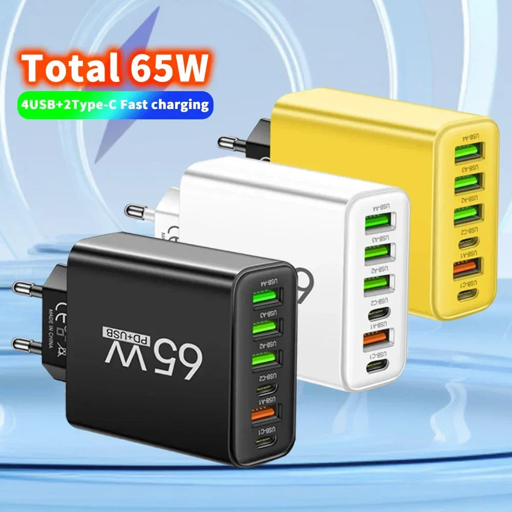 65W 6-Port USB PD Fast Charger – Type-C Wall Adapter for iPhone, Samsung & Xiaomi