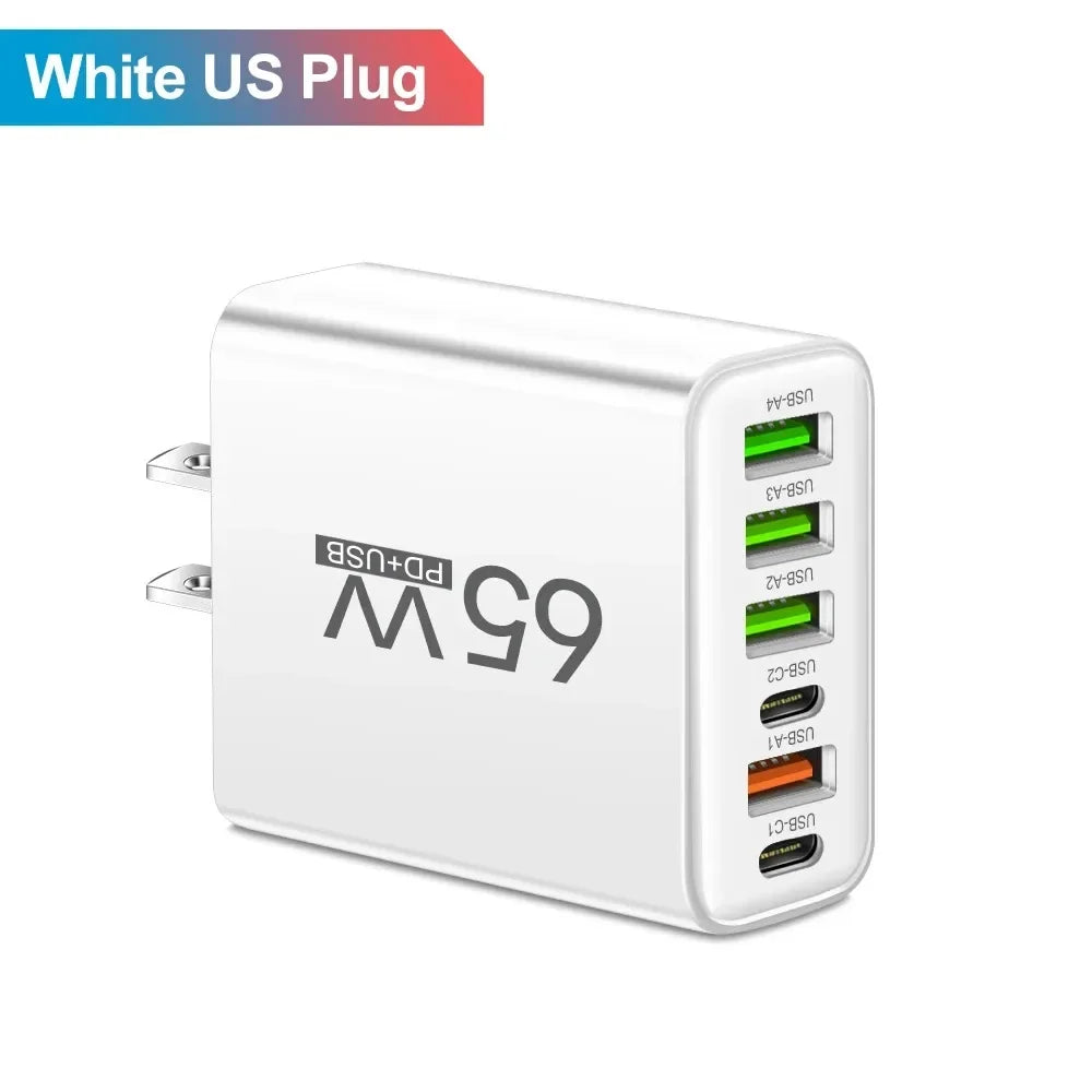 65W 6-Port USB PD Fast Charger – Type-C Wall Adapter for iPhone, Samsung & Xiaomi