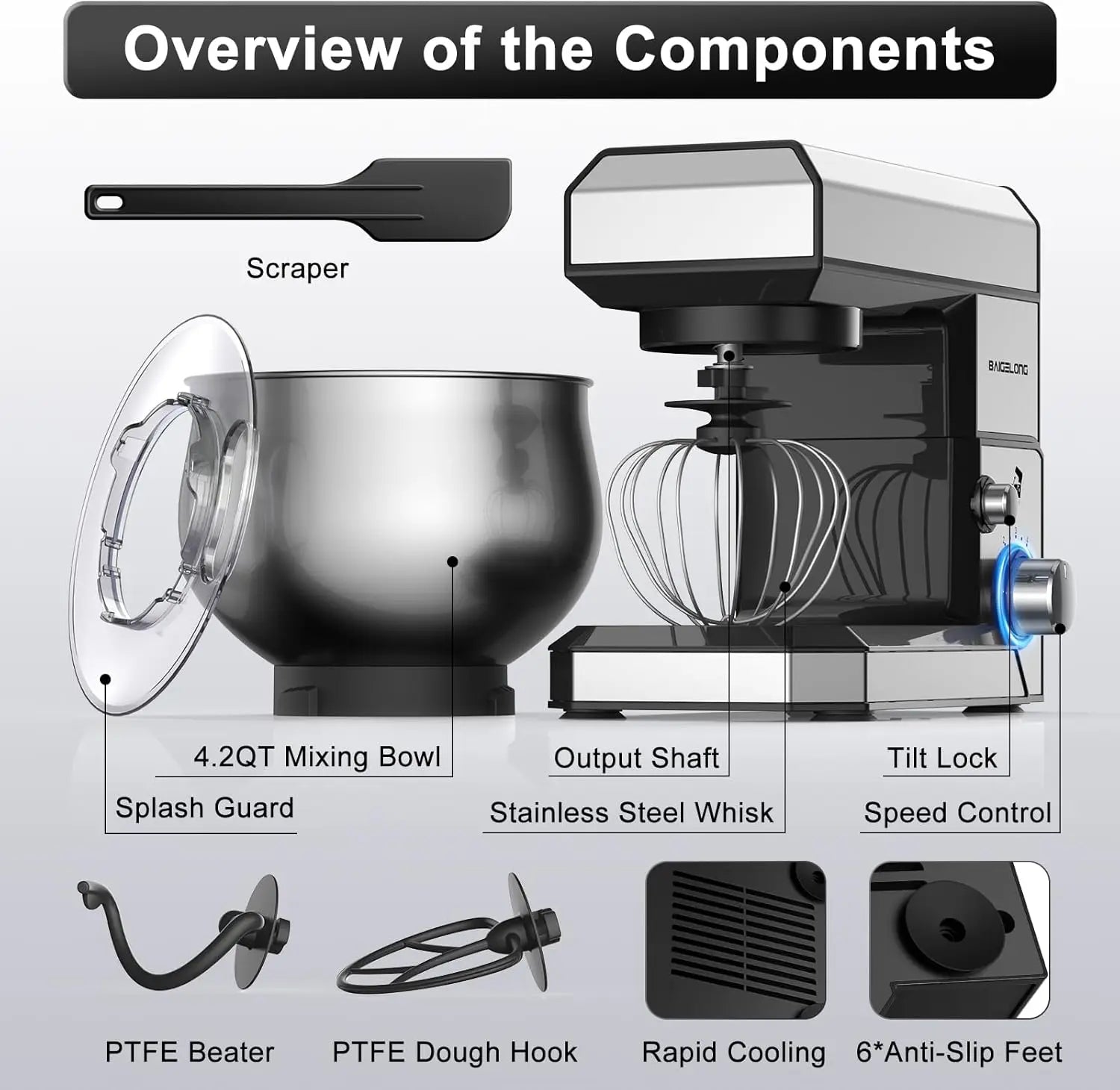 6-Speed Electric Stand Mixer – 4.2QT Stainless Steel Bowl