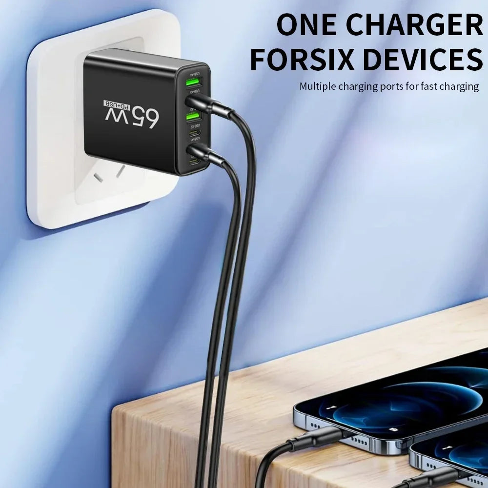 65W 6-Port USB PD Fast Charger – Type-C Wall Adapter for iPhone, Samsung & Xiaomi