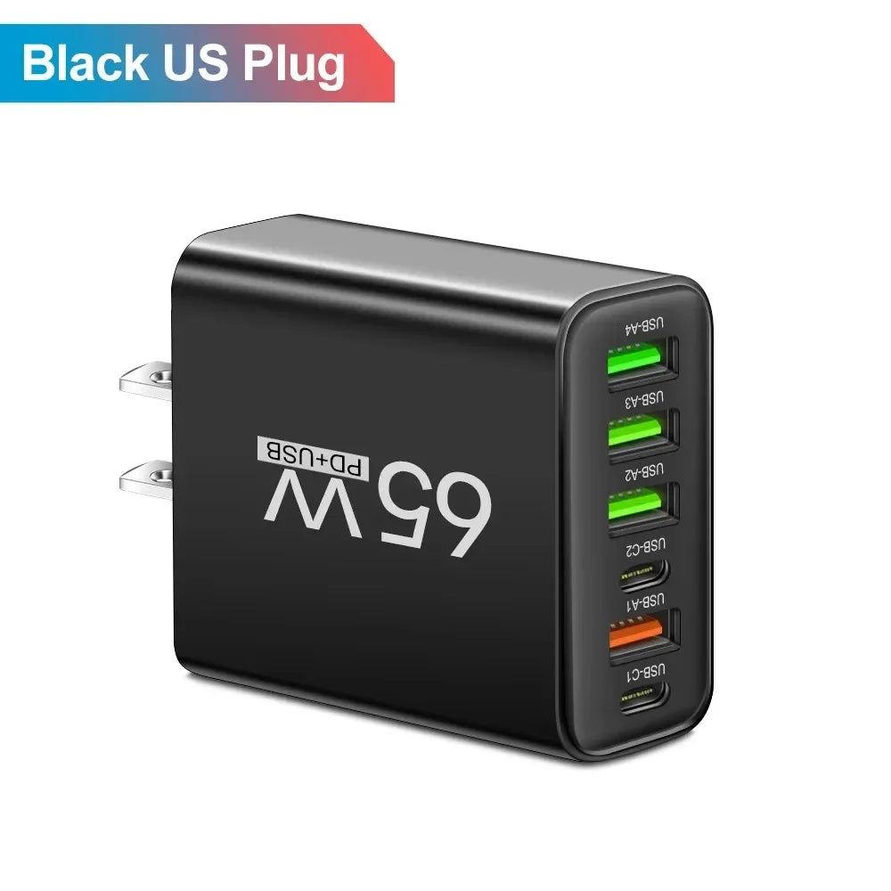 65W 6-Port USB PD Fast Charger – Type-C Wall Adapter for iPhone, Samsung & Xiaomi