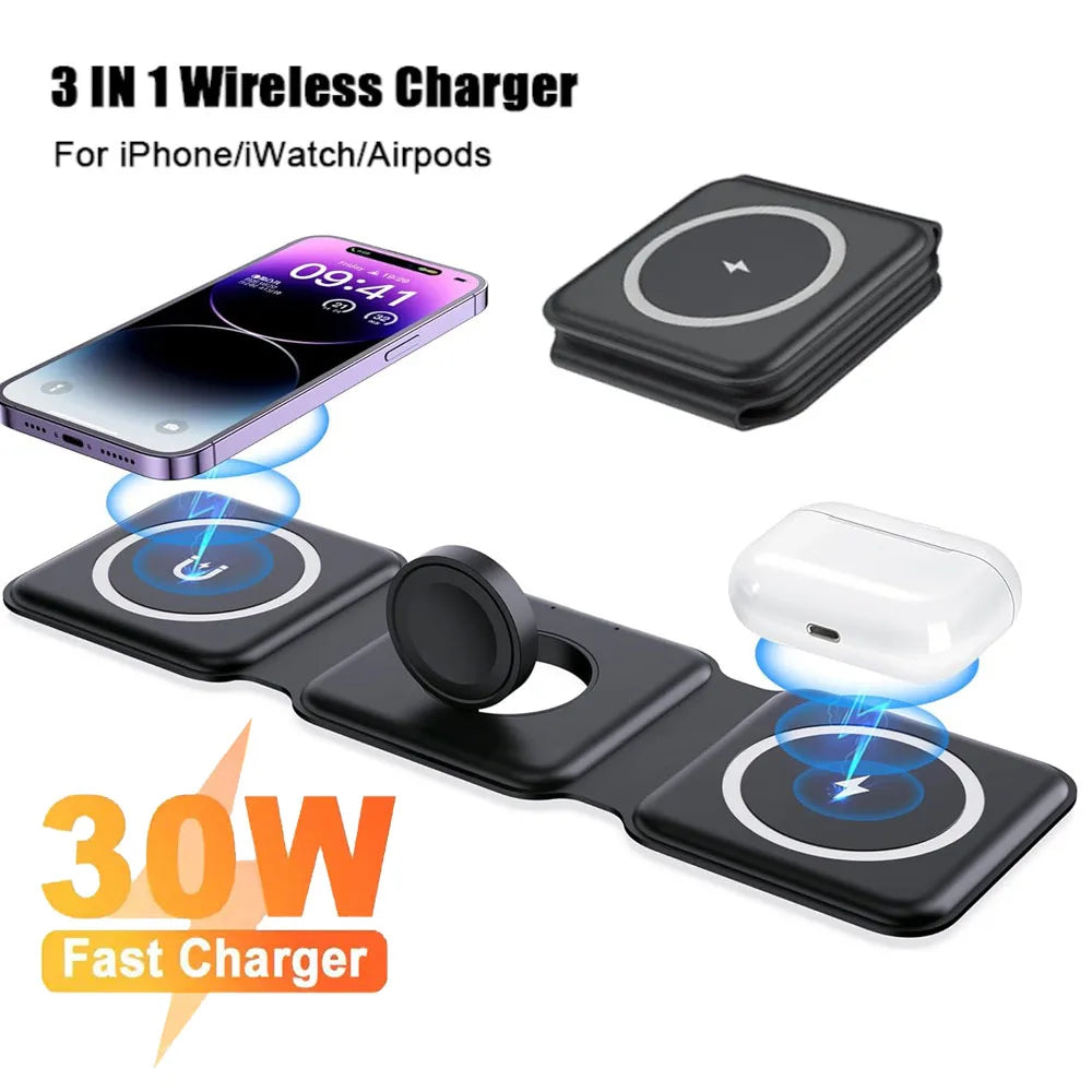 3-in-1 Foldable Magnetic Wireless Charger Stand – Fast Charging Dock for iPhone & Apple Watch