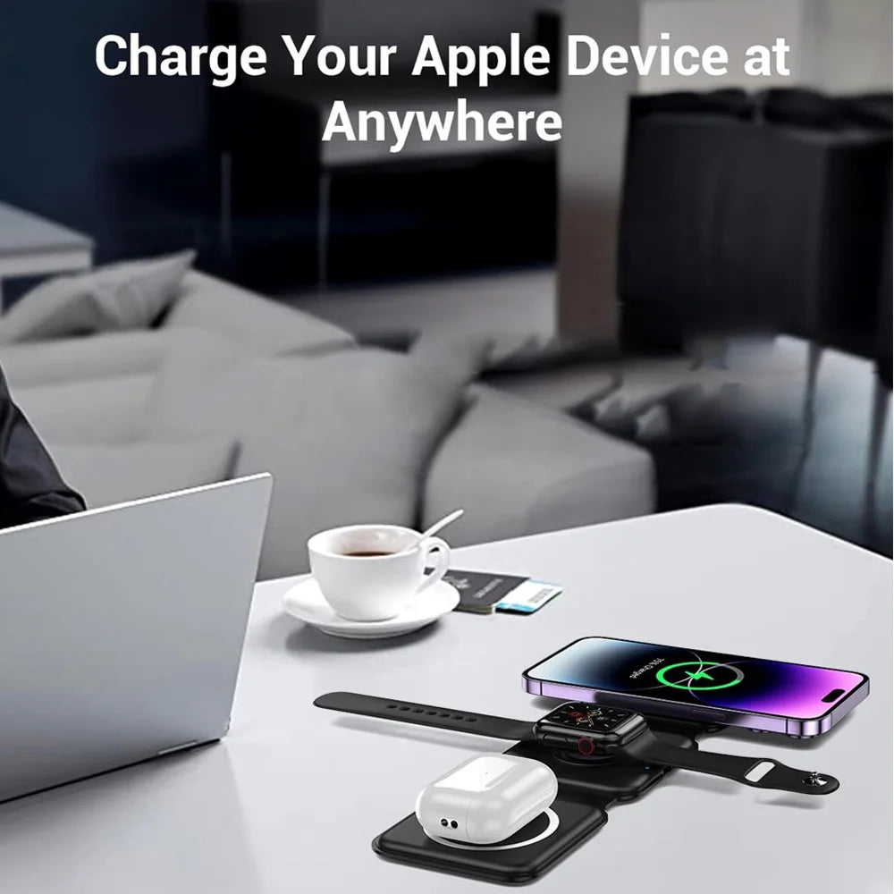 3-in-1 Foldable Magnetic Wireless Charger Stand – Fast Charging Dock for iPhone & Apple Watch