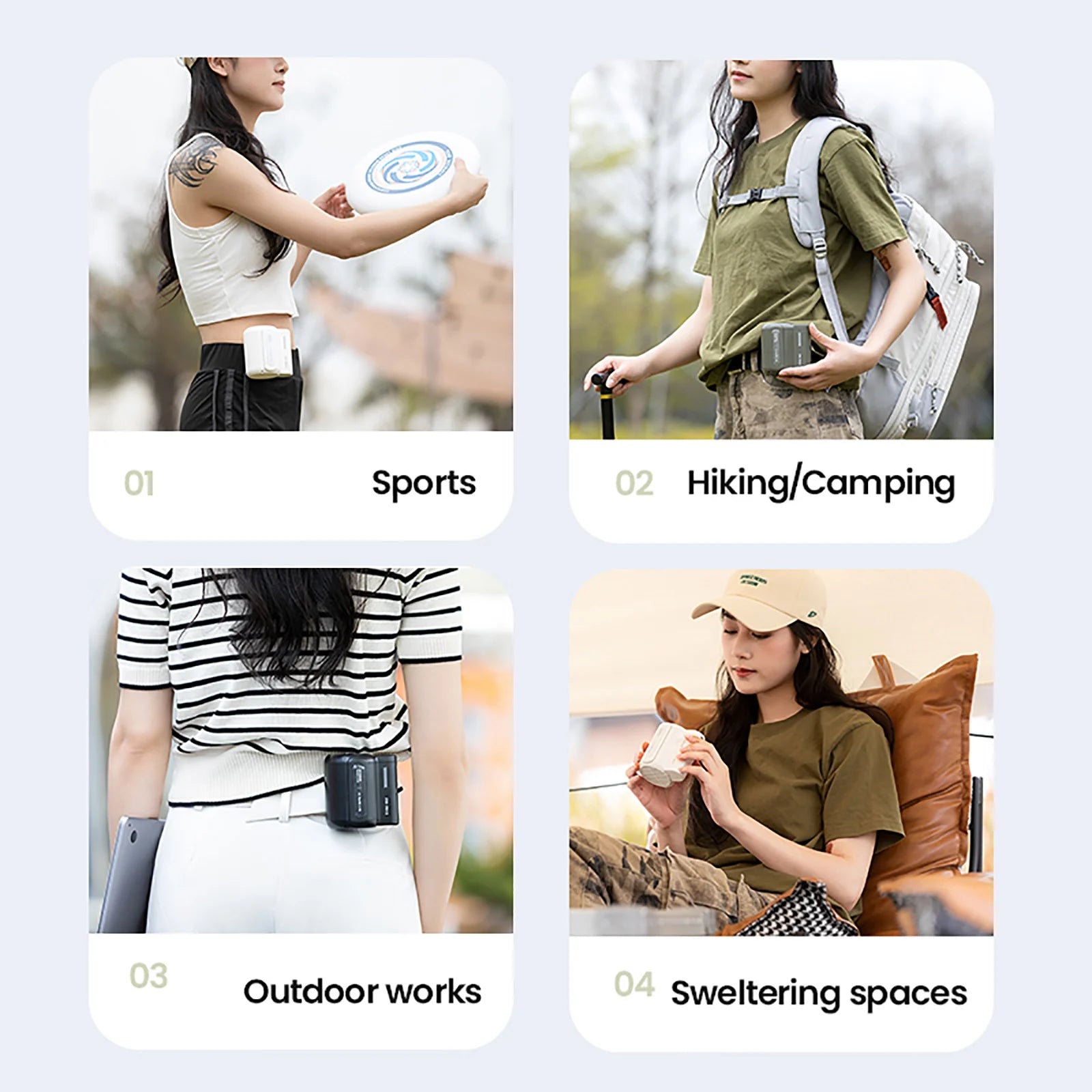 Portable Rechargeable Camping Fan – Waist-Mounted Mini Leafless Fan