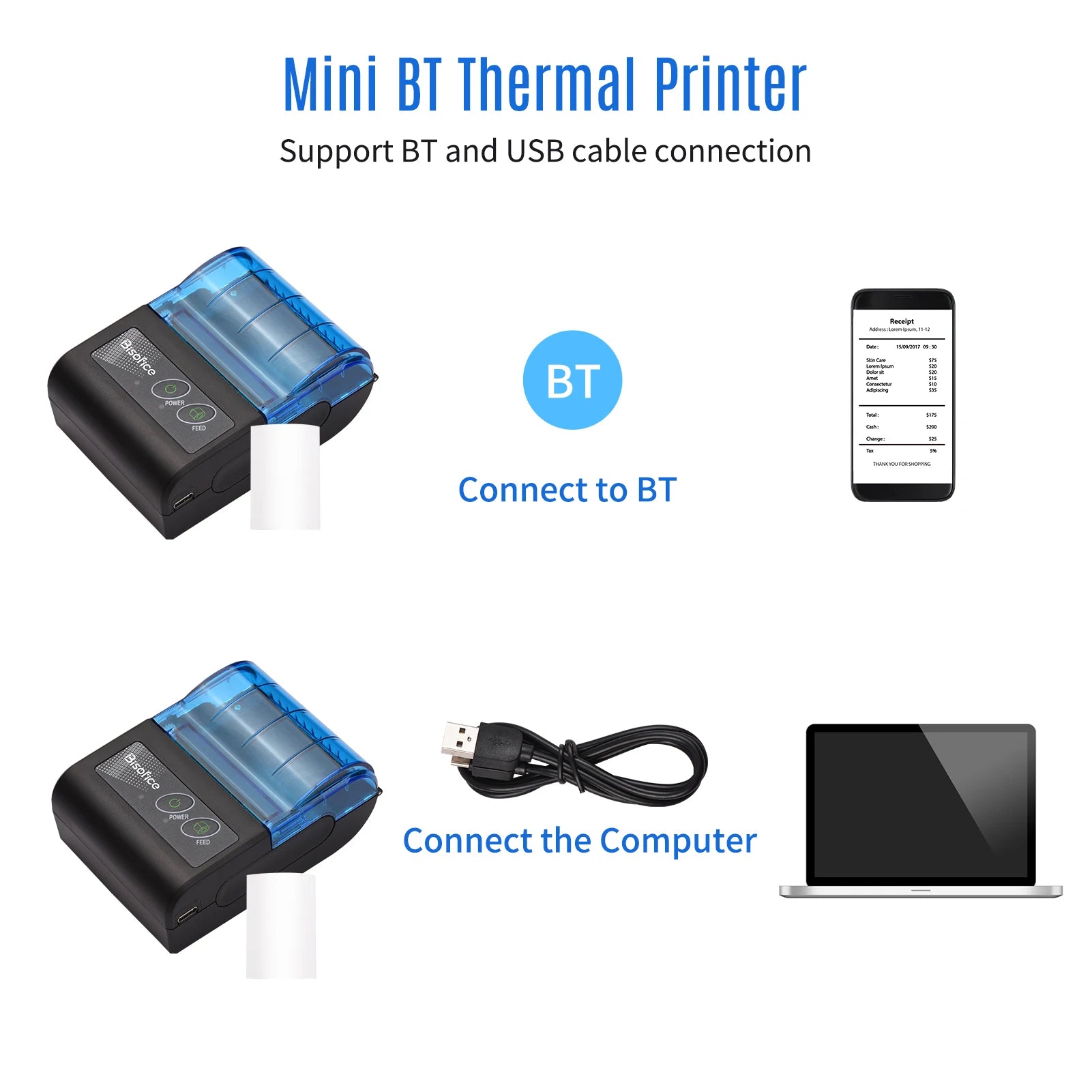 Bisofice Mini Thermal Receipt Printer – Wireless & USB