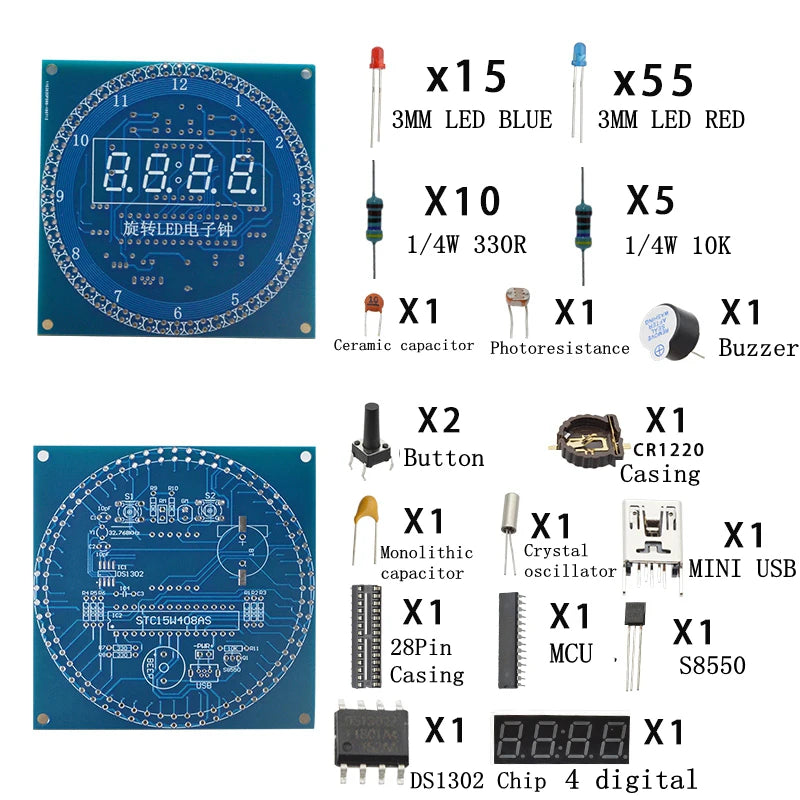 Rotating LED Display Clock DIY Kit – Temperature, Light Control & DS1302 Time Module