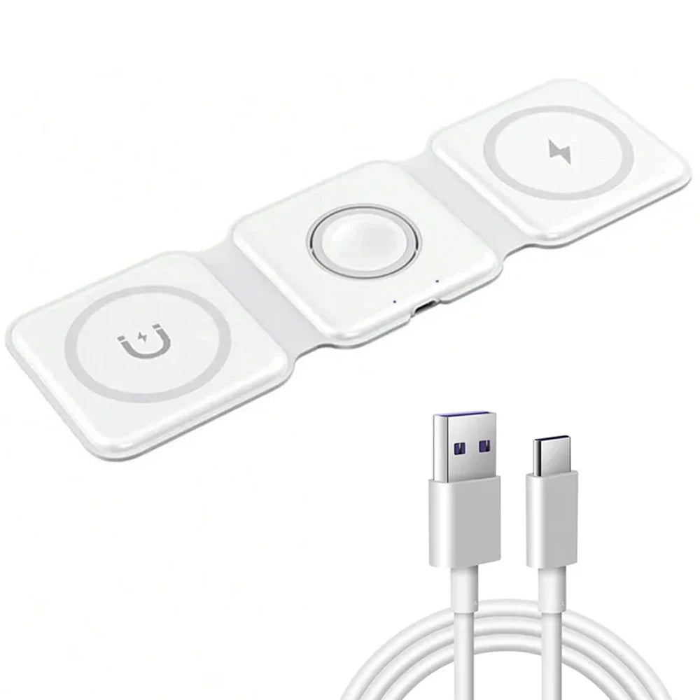 3-in-1 Foldable Magnetic Wireless Charger Stand – Fast Charging Dock for iPhone & Apple Watch
