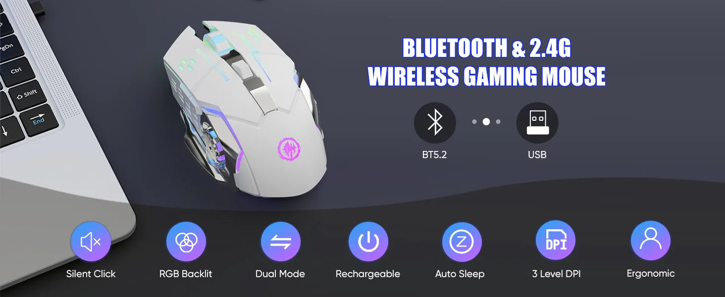 Rechargeable Bluetooth Gaming Mouse – Backlit Wireless USB for PC & Esports
