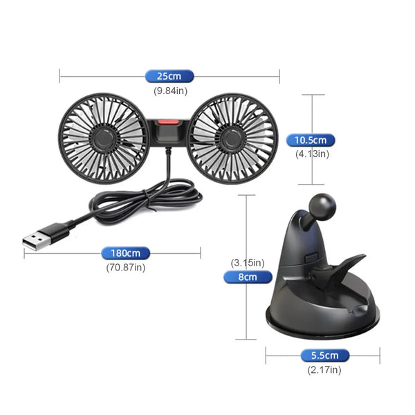 USB Dual-Head Car Fan – 360° Rotation with Suction Mount & 3 Speeds