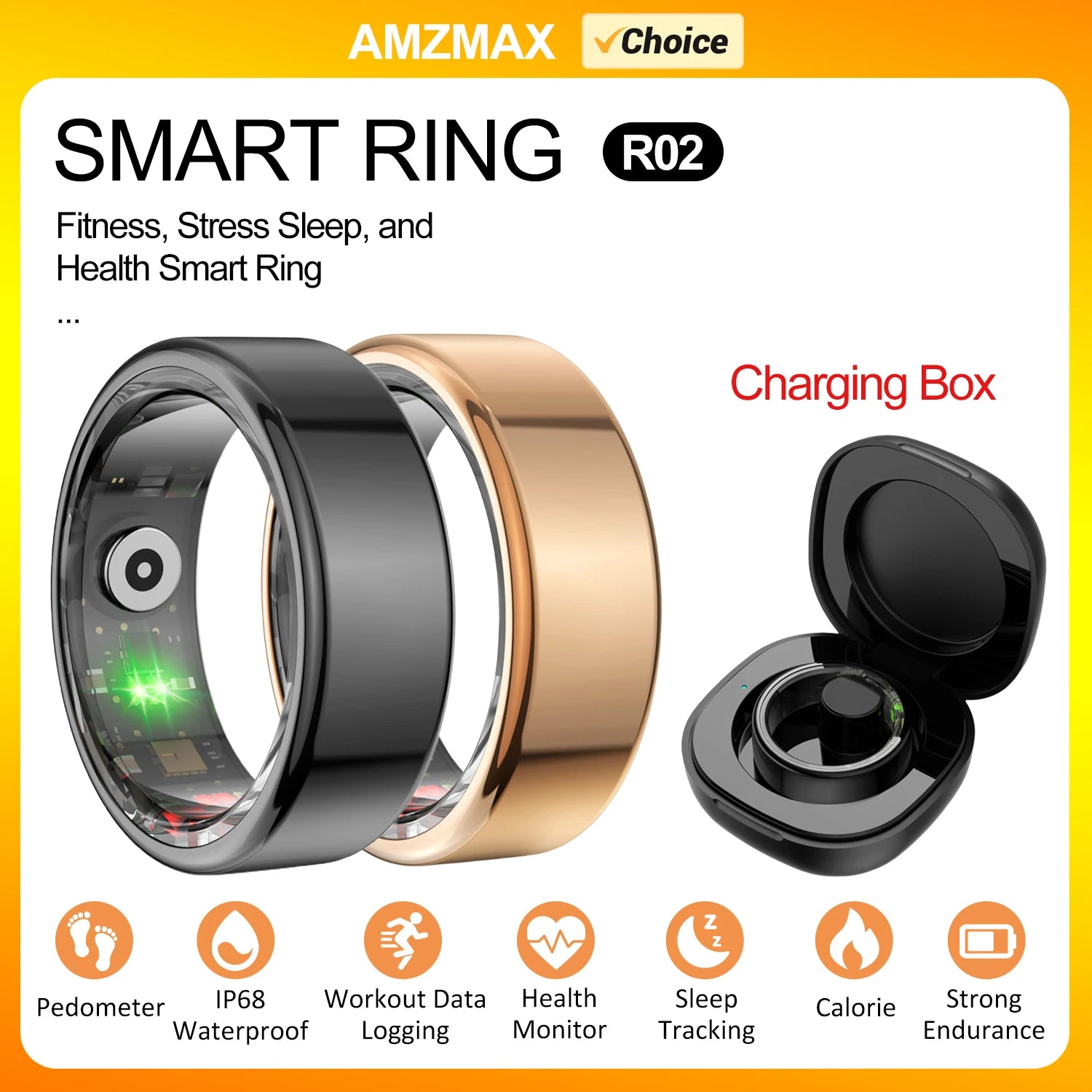 AMZMAX R02 Smart Ring – Fitness Tracker with Multi-Sport Modes, Health Monitoring, IP68 Waterproof Military-Grade Smart Ring