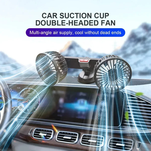 USB Dual-Head Car Fan – 360° Rotation with Suction Mount & 3 Speeds
