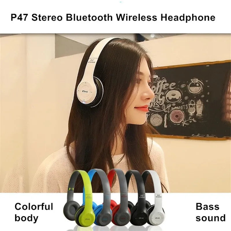 P47 Bluetooth 5.0 Wireless Headset – Folding Stereo Headphones for Sports & Gaming