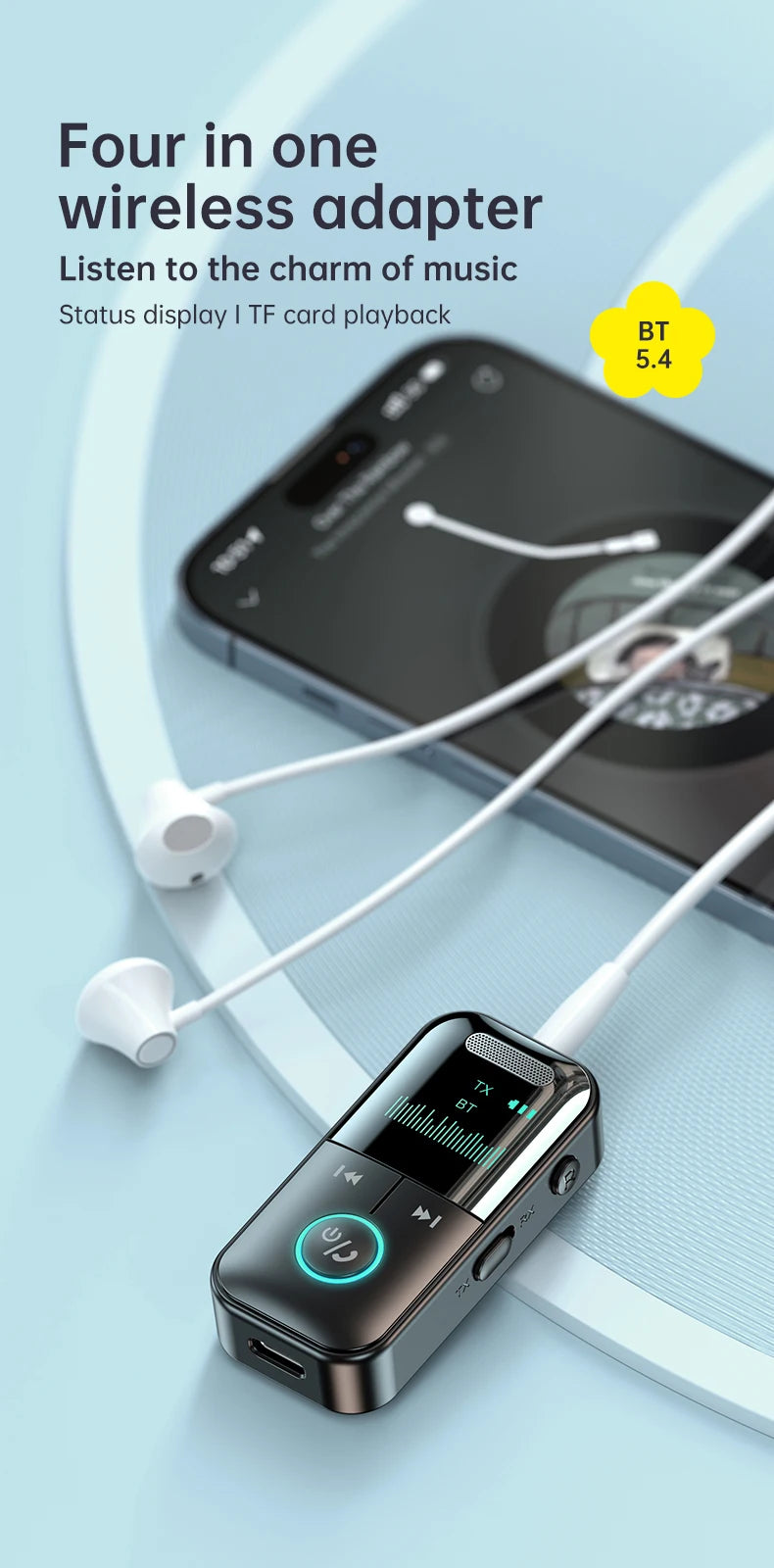 Bluetooth 5.4 AUX Adapter – 3.5mm Receiver & Transmitter with LED Display for Car, TV, Headphones