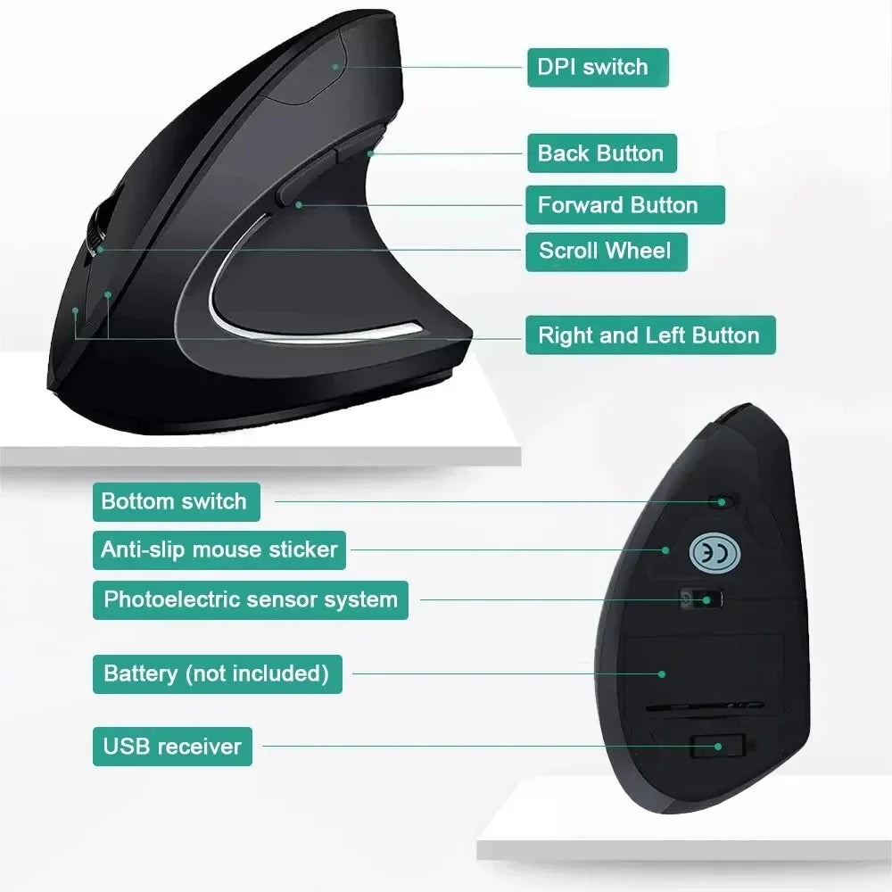 Ergonomic Vertical Wireless Mouse – 2.4GHz with 3 DPI Settings & 6 Buttons