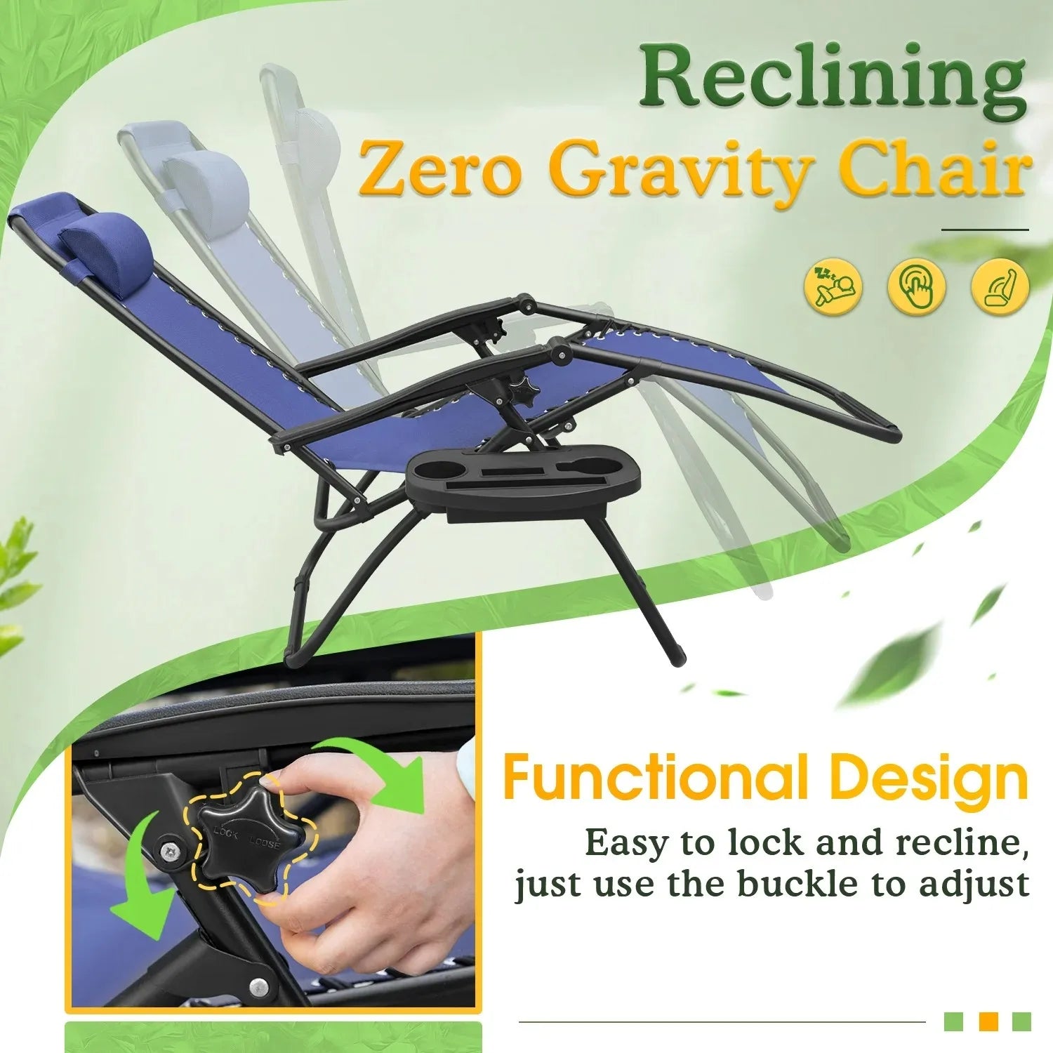 2-Pack Gravity Reclining Lounge Chairs with Adjustable Pillow