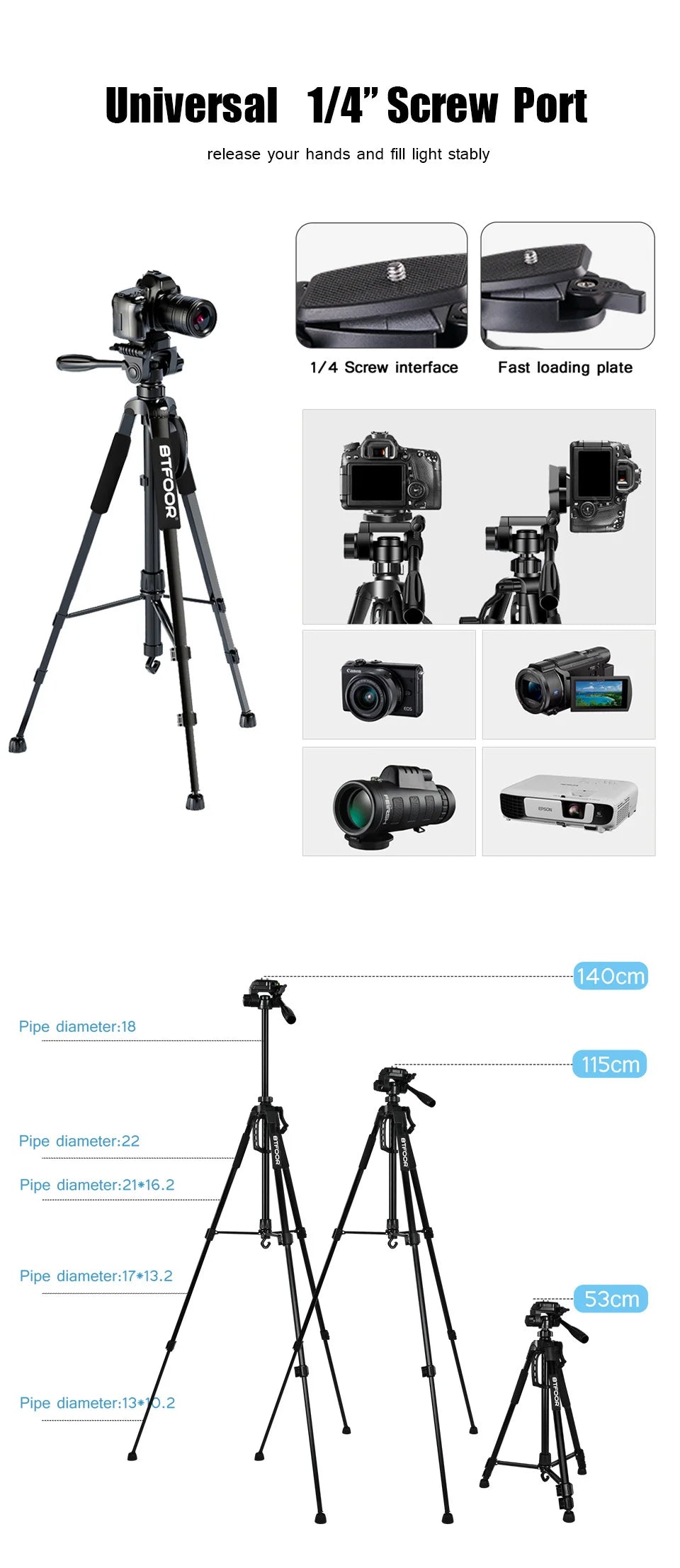 55" / 140cm Aluminum Phone & Camera Travel Tripod – Lightweight Stand with Quick Release Plate & Pan Head for Canon, Nikon, DSLR, SLR & Smartphones