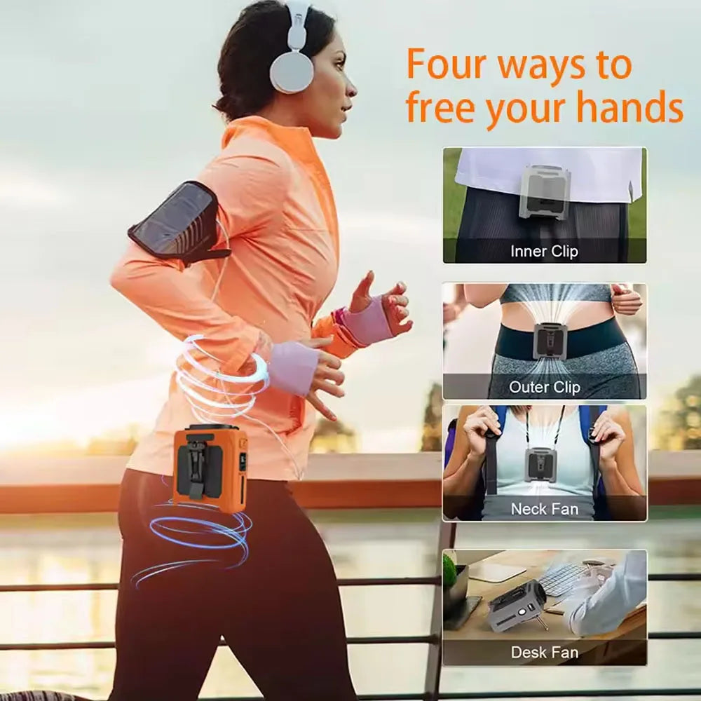 Portable Waist Clip Fan with USB Rechargeable Power Bank and LED Light